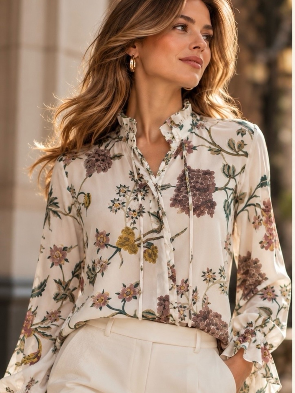 Kobi Halperin Gwenn Silk Floral Ruffle Blouse White Multi NWT Size M